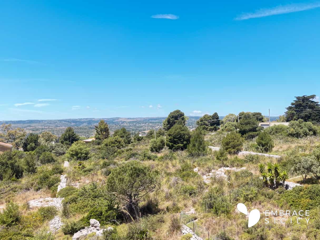 Paesaggio rurale siciliano con vegetazione mediterranea e cielo azzurro, ideale per escursioni e tur.