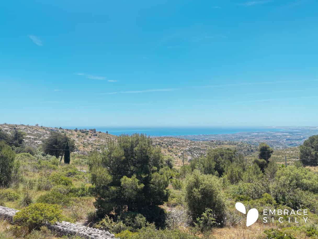 Paesaggio rurale siciliano con vista panoramica sul mare e colline verdi.